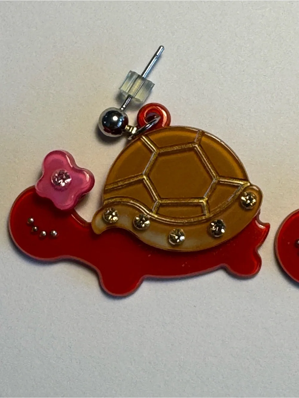 Red Turtle Drop Earrings with Pink Flower Accent